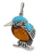 Silver turquoise and Baltic amber kingfisher pendant