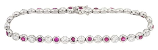 18ct white gold bezel set diamond and ruby alternate link bracelet