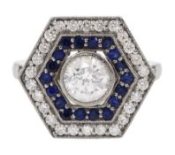 Platinum milgrain set diamond and sapphire hexagonal ring