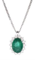 18ct white gold oval cut emerald and round brilliant cut diamond