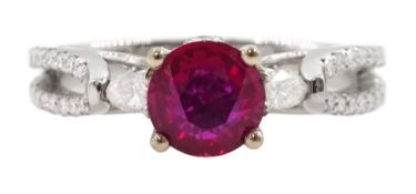 18ct white gold three stone round cut ruby and pear cut diamond ring