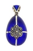 Silver blue enamel and marcasite egg pendant