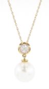 9ct gold cultured white pearl and round brilliant cut diamond pendant necklace