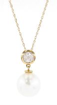 9ct gold cultured white pearl and round brilliant cut diamond pendant necklace