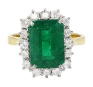 18ct gold emerald cut emerald and round brilliant cut diamond cluster ring