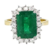 18ct gold emerald cut emerald and round brilliant cut diamond cluster ring