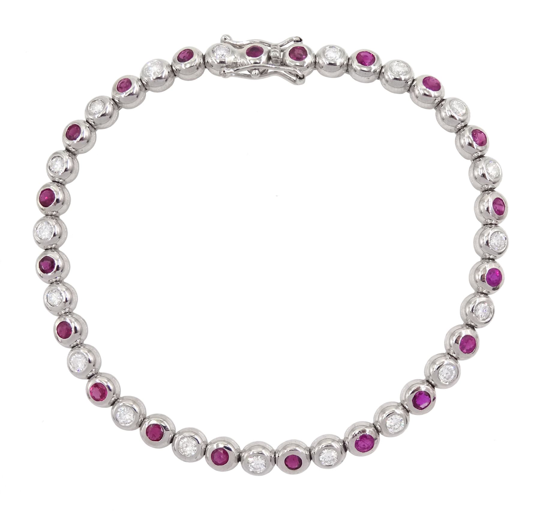 18ct white gold bezel set diamond and ruby alternate link bracelet - Image 2 of 4