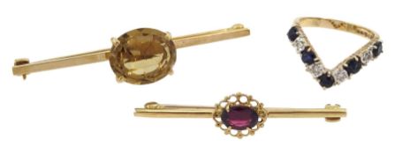 Gold sapphire and diamond wishbone ring