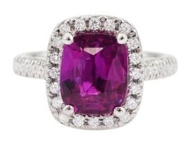 18ct white gold cushion cut pink sapphire and round brilliant cut diamond cluster ring