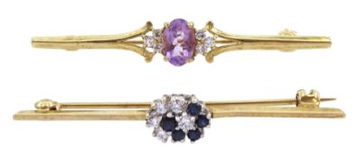 Gold sapphire and cubic zirconia cluster bar brooch and a gold amethyst and cubic zirconia brooch
