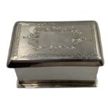 Small silver rectangular box the hinged cover engraved with scrolls