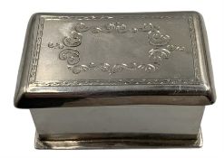 Small silver rectangular box the hinged cover engraved with scrolls