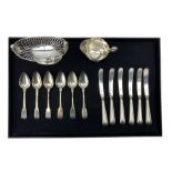 Silver navette shape sweetmeat dish with scroll handles