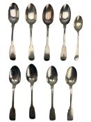 Set of eight Victorian silver fiddle pattern teaspoons engraved with initial London 1856 Maker Samue