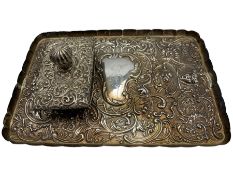 Late Victorian rectangular silver dressing table tray heavily embossed with masks