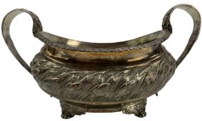 George III silver two handled sugar bowl of rectangular form with later embossed leaf and floral des