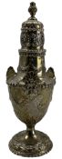 Silver vase shape sugar caster with bud finial and trailing garlands