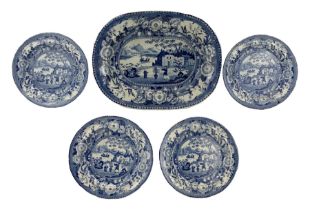 Early 19th century blue and white transfer printed oval platter and set of four plates decorated in