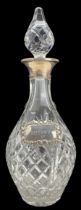 Glass decanter with hobnail decoration and silver collar London 1989 and a silver Sherry decanter la