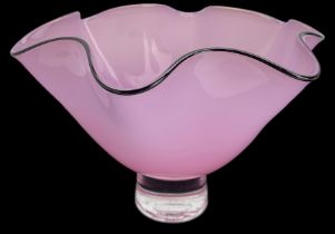 Gillies Jones of Rosedale pink glass vase with crimped black rim on a short pedestal foot