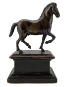 Early 20th century bronze figure of a trotting horse on wooden plinth 18cm x 11cm