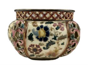 Zsolnay Pecs jardiniere of lobed form with reticulated neck and floral painted decoration