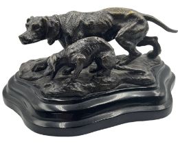 After Barye- Bronze study of two hunting dogs on marble base W22cm