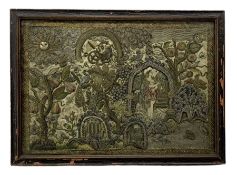 Charles II stumpwork embroidered panel depicting the biblical scene of Bathsheba going to bathe