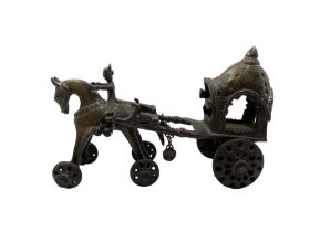 19th century Indian bronze temple toy in the form of a wheeled horse and carriage with rider L27cm