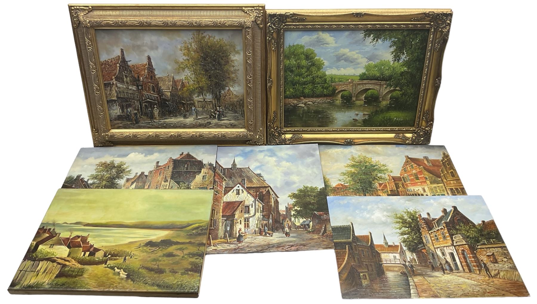Collection of continental style oils on panel with landscape and street scenes