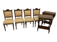 Set of four Edwardian carved walnut dining chairs (W45cm H91cm); Small oak barley twist side table (