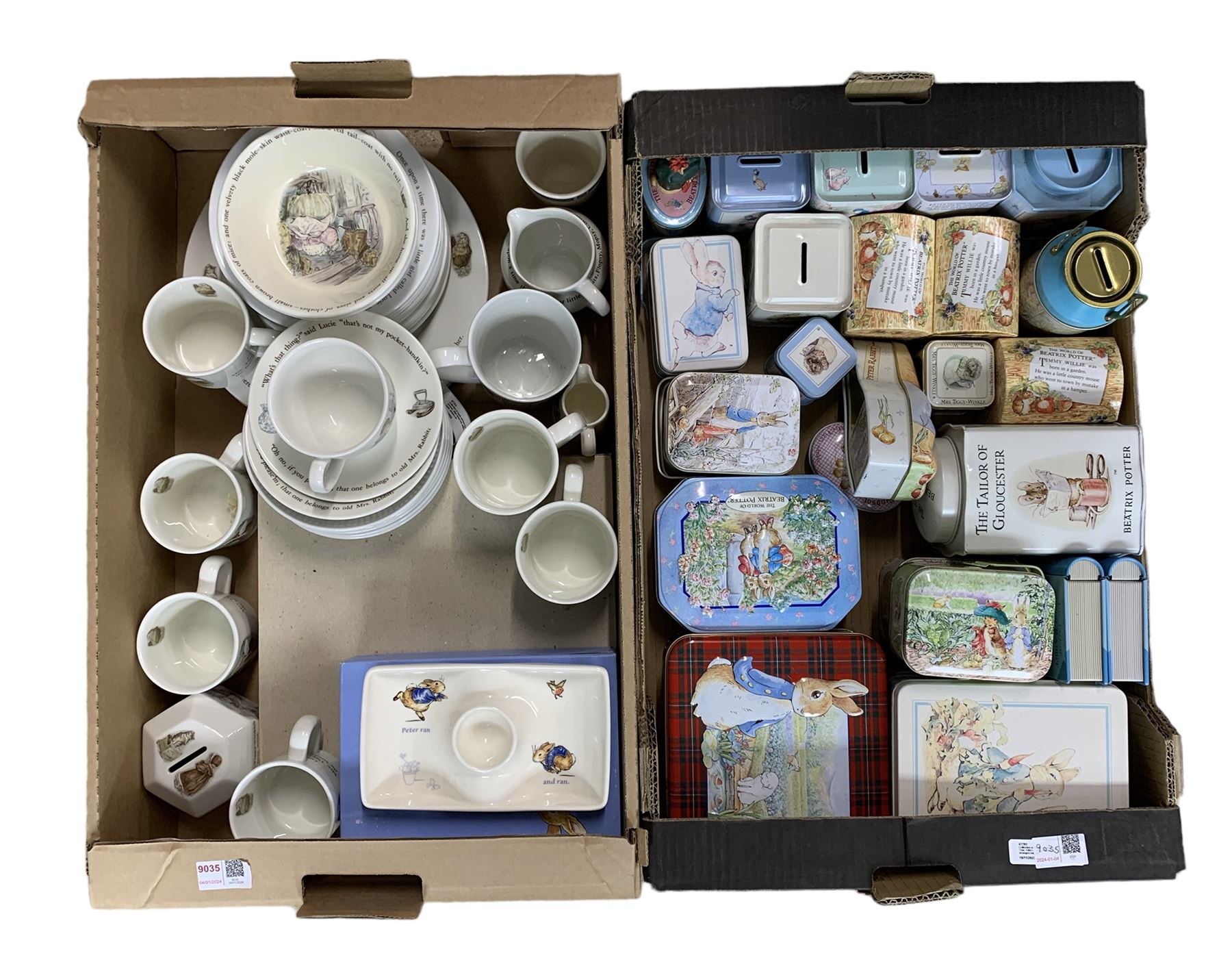 Collection of Wedgwood Beatrix Potter nursery china and a quantity of Beatrix Potter tins in two box