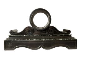 Belgium slate clock case with variegated marble mouldings and scroll and volute carving c1880