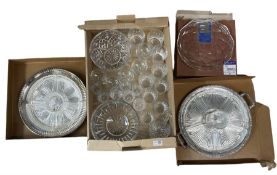 Quantity of assorted glass including two hors d'oeuvres sets on plated trays