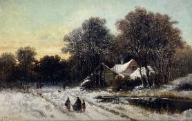 G Schneider (German 19th century): Winter Landscape with Figures at Dusk