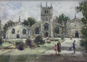 William Manners (British 1860-1930): Figures Before a Church