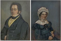 English School (19th century): Portrait of a Victorian Gentleman and Lady Wearing a Bonnet