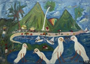 Raskassa aka Arthur S Richardson (Rastafarian Contemporary): Saint Lucia Beach with Figures and Gull