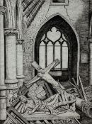 Frederick George Austin (British 1902-1990): Ruined Church Interior with Crucifix and Knight Tombsto