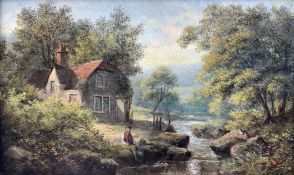 English School (19th century): Angler Fishing at Riverside Cottage