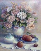 Trisha Hardwick (British 1949-2022): Still Life of Pink Flowers and Apples
