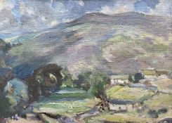 English School (20th century): Impressionist Hilly Landscape with Cottages