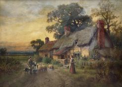 Jowett Singleton (British 1878–1927): Shepherd and Flock by Thatched Cottage