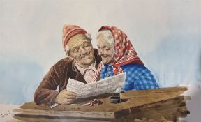 Gianni (Italian Late 19th/Early 20th century): Elderly Couple Reading Newspaper