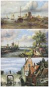 Continental School (20th Century): Dutch River Scenes with Canal Houses and Windmills