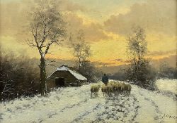 J de Herder (German 20th century): Shepherd with Flock in a Winter Sunset