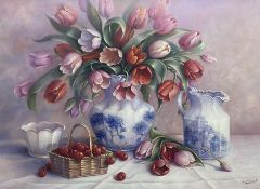 Trisha Hardwick (British 1949-2022): Still Life of 'Tulips and Cherries'