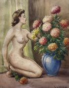 Tom Whitehead (British 1886-1959): Seated Nude Portrait of a 40's Woman with Vase of Chrysanthemums