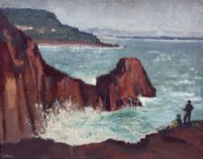 English School (Mid-20th century): Sea Fishing from the Cliff Edge