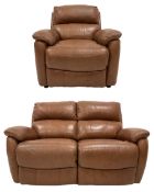 Two-piece lounge suite upholstered in tan brown leather - electric reclining two-seat sofa (W151cm
